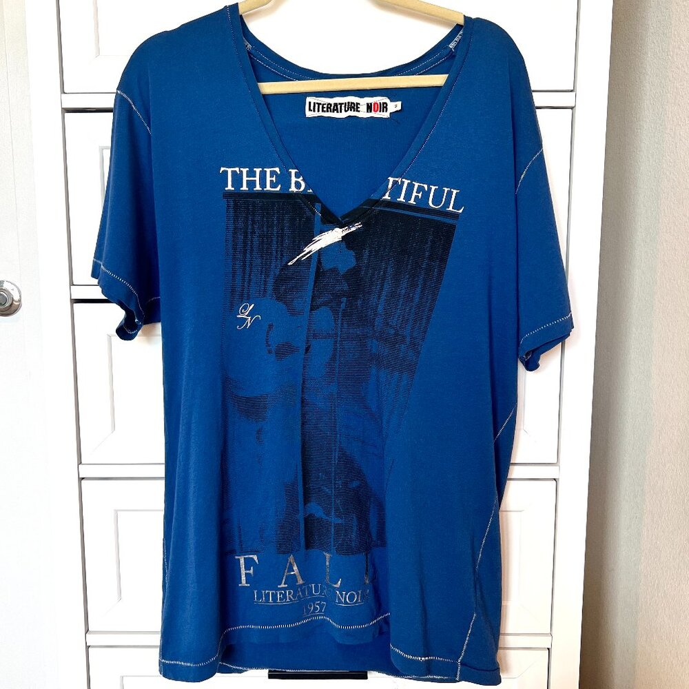 Literature Noir RARE Pulp Fiction Tee Womens Medium Blue Foil THE BEAUTIFUL FALL